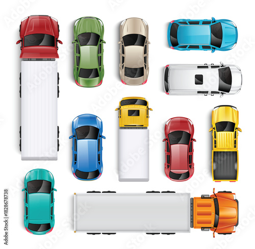 Top view set of various colourful cars and trucks vector