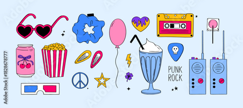 80s and 90s stickers. Hand drawn vector elements set with music tape, old telephone, wristwatch, radio, headphones, skateboard, rock, music. Design clipart Images