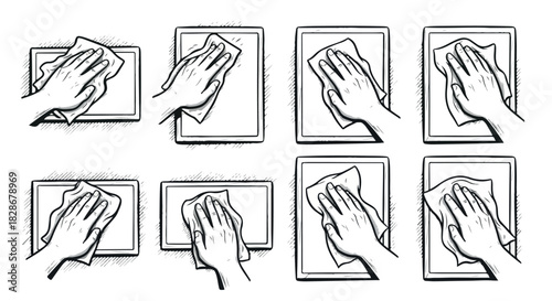 Hands cleaning tablet screen with wiping motion