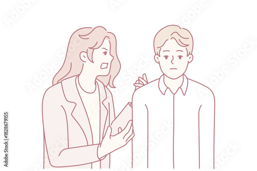 Aggressive annoying woman yelling at tired bored husband. Furious mad wife scream and shout at ignorant man. Relationship problems. Vector illustration.