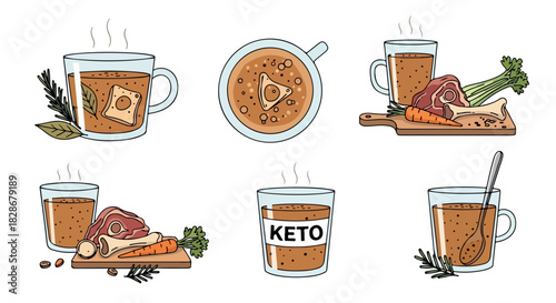 Keto soup and broth collection in mugs