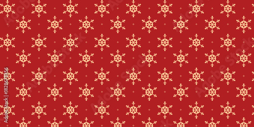 Elegant seamless pattern with golden snowflakes and tiny stars on a rich red background, perfect for Christmas wrapping paper, festive textiles, greeting cards, invitations and seasonal holiday design