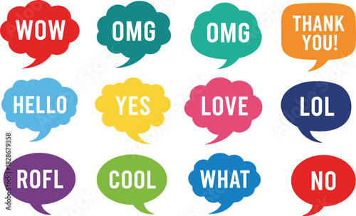 Set of Twelve Colorful Vector Speech Bubbles with Popular Short Messaging Phrases and Emotional Exclamations like WOW, OMG, HELLO, and THANK YOU, Communication Icons