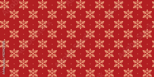 Elegant seamless pattern with golden snowflakes and tiny stars on a rich red background, perfect for Christmas wrapping paper, festive textiles, greeting cards, invitations and seasonal holiday design