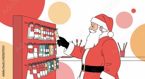 Santa selects vibrant artist paints from a festive shop display for creative holiday projects