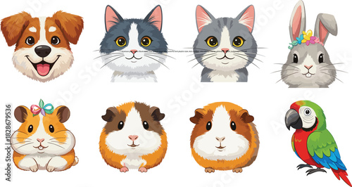 Cartoon animal faces vector illustration, cute pet characters, colorful and playful style, kids content, educational theme, whimsical clipart, friendly expressions