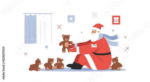 Santa taking a break with teddy bears in a festive and colorful scene perfect for the holidays