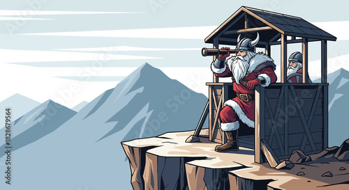 Santa Viking lookout post on a cliff surveys vast mountain ranges with his telescope
