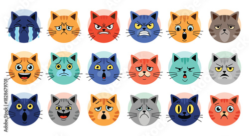 Large set of cute cartoon cat head avatars showing a wide variety of different emotions and expressions for social media icons.
