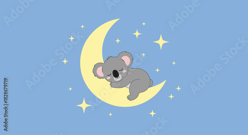 Adorable cartoon baby koala sleeping peacefully on a yellow crescent moon among twinkling stars in a peaceful night sky.