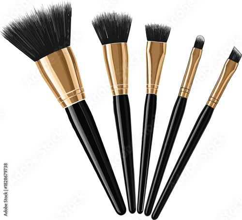 Set of Five Professional Makeup Brushes with Black Handles and Gold Ferrules, Essential Vector Illustration for Beauty, Cosmetics, Salons, and Glamour Design Projects.