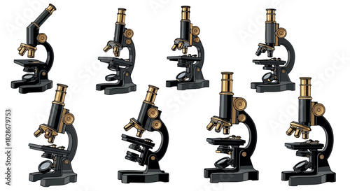 Multiple microscopes isolated on white background