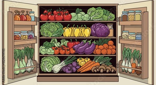 Refrigerator full of fresh vegetables and jars
