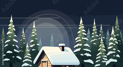 Serene snow-covered cabin nestled amidst tall fir trees in a tranquil winter forest landscape
