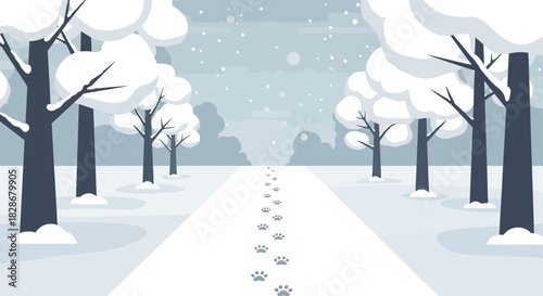 Serene snowy landscape with animal tracks and snow-covered trees creating a peaceful winter scene