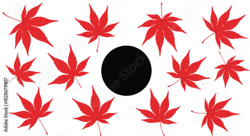 Collection of vibrant red japanese maple leaves arranged in a circular frame around a black copy space on a white background.