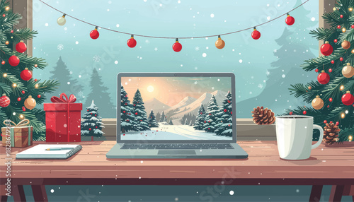 Christmas Workspace Scene Flat Vector Illustration