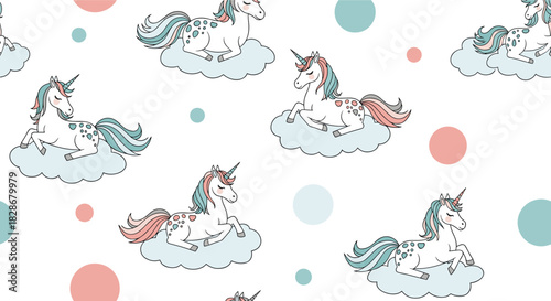 Adorable seamless nursery pattern with cute unicorns resting on fluffy clouds and pastel polka dots on a white background.