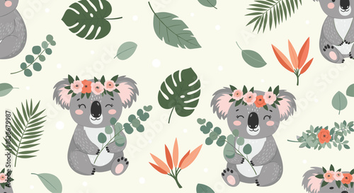 Adorable seamless pattern with cute koala bears wearing flower crowns and holding eucalyptus branches among tropical leaves and flowers.