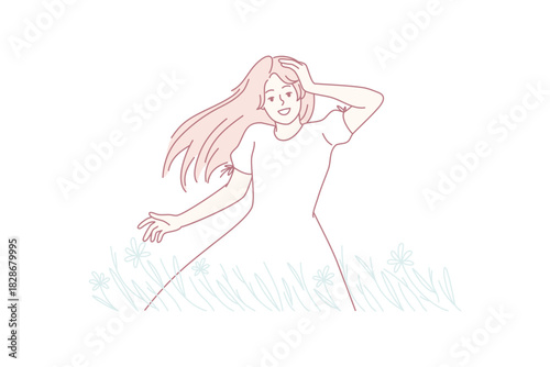 smiling woman in flowing dress standing in tall grass, hand shading eyes, hair blown by breeze, pastoral