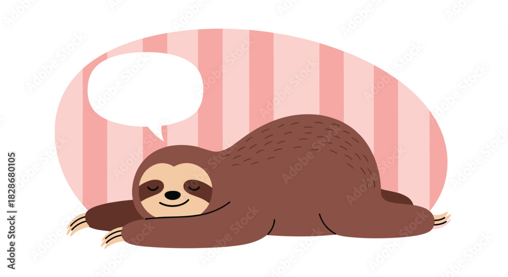 Obraz premium Adorable cartoon sloth relaxing and dreaming with a blank speech bubble for text against a cute pink striped background.