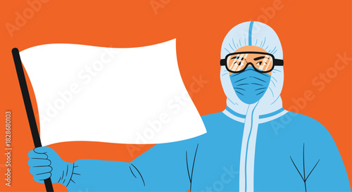 Medical worker in full protective gear holding a blank white flag as a symbol of surrender hope or for a custom message.