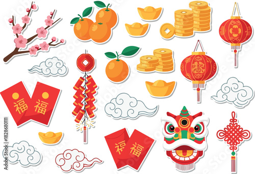 Celebrate Lunar New Year Festive Icons with Lanterns, Oranges, and Lion Dance