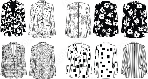 Women's patterned blazers set, technical fashion flats, monochrome vector jacket sketches, geometric floral and stripe patterns, cad drawing flat vector illustration