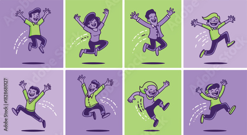 Joyful people jumping with raised arms