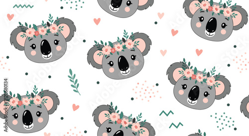 Sweet and adorable seamless pattern with cute cartoon koala faces wearing flower crowns for a lovely nursery or kids design.