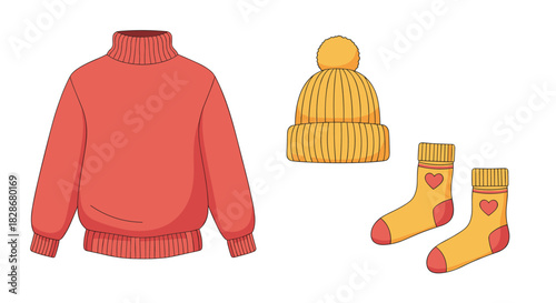 Cozy collection of warm winter clothes including a red turtleneck sweater a yellow beanie hat and cute socks with hearts.