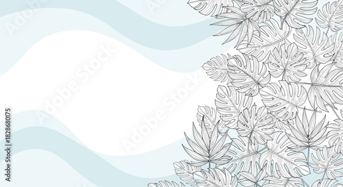 Modern background design with abstract blue waves and a cluster of detailed tropical leaves in a black and white line art style.
