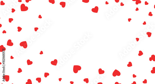 Romantic background with scattered small red hearts forming a beautiful frame for valentines day wedding or love-themed designs.