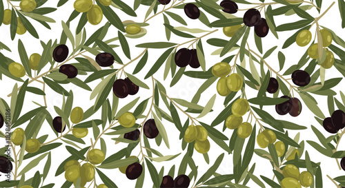 Beautiful seamless pattern of lush olive tree branches with ripe green and black olives perfect for mediterranean-themed decor.
