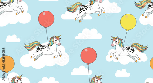 Whimsical seamless pattern of cute unicorns with rainbow manes flying through a blue sky with clouds and colorful balloons.