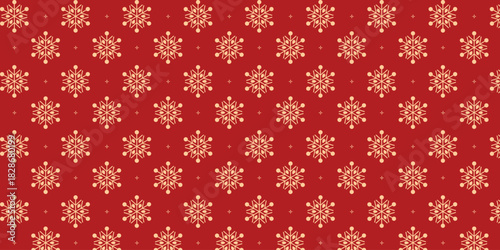 Elegant seamless pattern with golden snowflakes and tiny stars on a rich red background, perfect for Christmas wrapping paper, festive textiles, greeting cards, invitations and seasonal holiday design