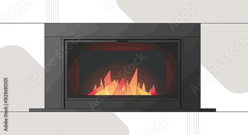 Stylized vector graphic illustration portraying a modern fireplace design in simple colors minimal