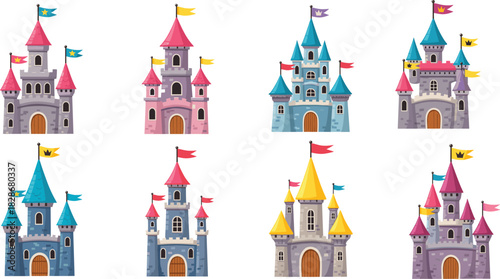 Cartoon castles vector illustration, fantasy architecture design, colorful towers and flags, magical theme, kids content, whimsical clipart, fairy tale buildings, enchanted style