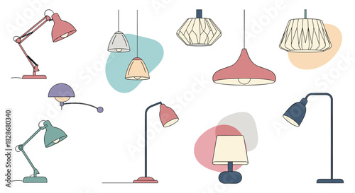 Collection of modern and stylish interior lamps including desk floor and pendant lights for home decoration and furniture design.