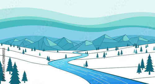 Stylized winter landscape with mountains river and trees minimal vector scene of nature and beauty