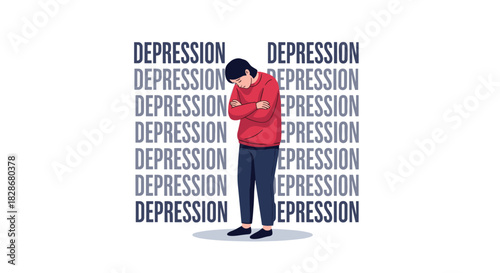 Depressed man standing with his head down surrounded by the word depression illustrating mental health issues and sadness.