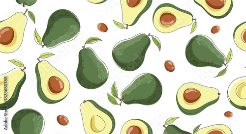 Seamless pattern of fresh and healthy avocados in a beautiful watercolor style perfect for kitchen textiles and wallpaper designs.