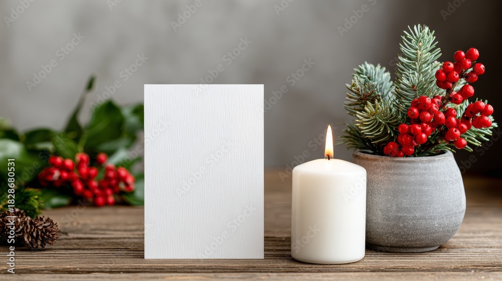 Obraz premium Blank greeting card mock up with white space beside a lit candle and festive greenery, creating a warm holiday atmosphere for seasonal celebrations and personal messages