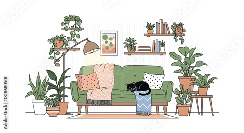 A cozy living room interior with a black cat sleeping on a green sofa surrounded by numerous potted plants and bookshelves illustration.