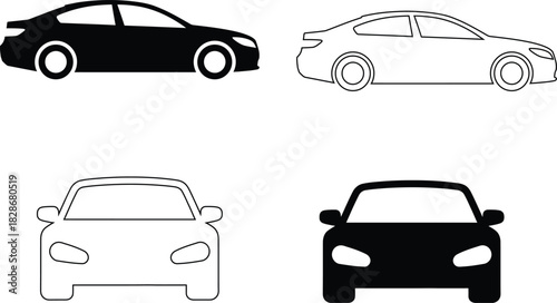 Sedan Car Vector Icons – Automobile Side and Front View Transport Symbols