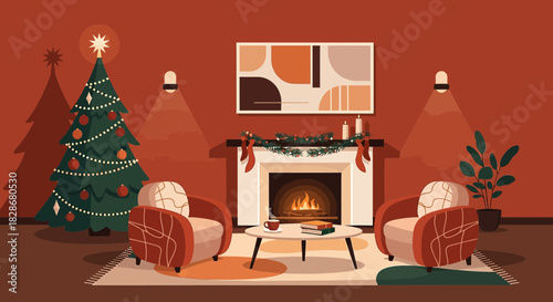 Warm christmas living room interior design, with christmas tree and fireplace illustration
