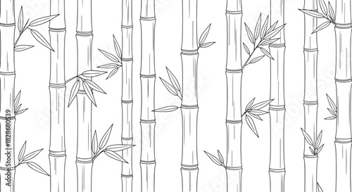A seamless black and white line art pattern of bamboo stalks and leaves creating a calm and minimalist background of a zen forest.