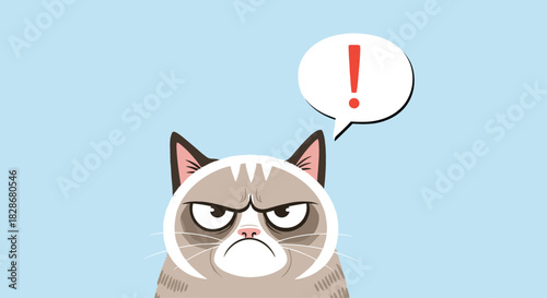 A famous grumpy cat meme vector illustration with an angry frowning face and an exclamation mark in a speech bubble on blue.