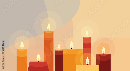 Warmth and serenity: an array of stylized candles casting glowing light in soft hues