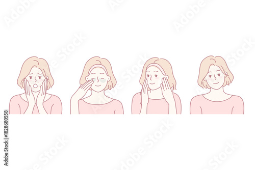 Woman with acne try new beauty product see excellent skin results. Girl before and after skincare treatment. Cosmetology and dermatology. Vector illustration.